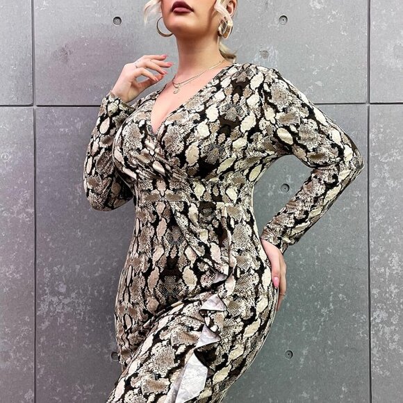 Women's Snake Print Wrap Dress Plus Size V-Neck Mini Bodycon Ruffle Hem - Picture 4 of 6
